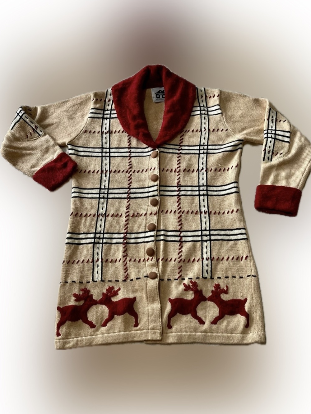 Vintage Storybook Knits Reindeer Plaid Cardigan Sweater S Oversized 22x31 Holida